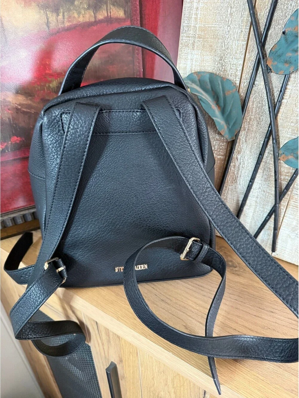 Steve Madden Black Floral Embroidered Faux Leather Backpack